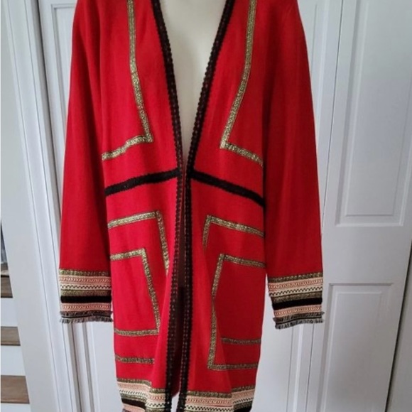 Chico’s 3 Cherry Red Reba Embellished Duster Cardigan XL - Picture 8 of 10